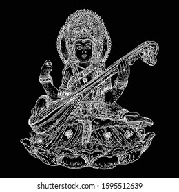 Hand drawn illustration of Goddess Saraswati for Vasant Panchami Puja of India. Goddess of learning, music, art and wisdom. Vector.