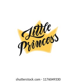 Hand drawn illustration with gold crown and lettering. Sketch background vector. Doodle design Little princess quote for print invitation and kid goods