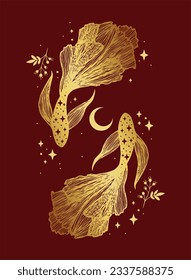 Hand drawn illustration of gold two fish isolated on dark red background. Astrological zodiac.