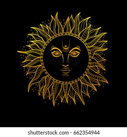 Hand drawn illustration of Golden Sun. Vector Boho style element.