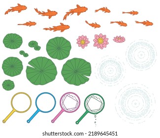 Hand drawn illustration of goldfish, lotus and poi. color illustration.