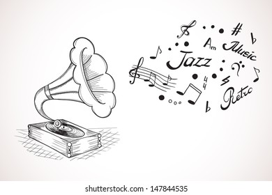 Hand drawn illustration of gramophone with a bubble of music elements