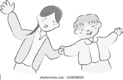 
Hand drawn illustration of grandma and woman holding hands