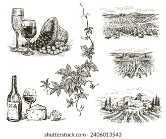 Handgezeichnete Illustration von Reblandschaften, Stillleben, Flasche Wein, Weingläser, Käsestück, Zitrone, Weinbäume und -tendrillen, reifen Traubensorten, Bunker, Doodles-Isool