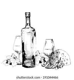 Hand drawn illustration with grapes, two glasses, head of cheese and bottle of wine in sketch style