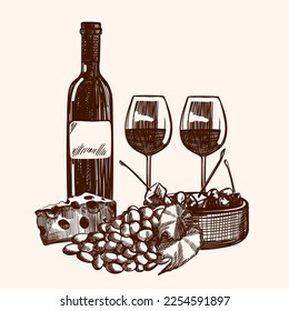 Hand drawn illustration with grapes, two glasses, head of cheese and bottle of wine in sketch style.