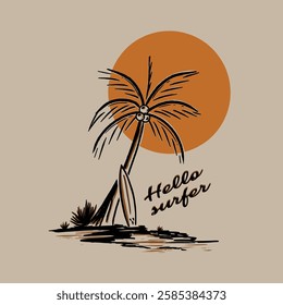 hand drawn illustration graphic design of a coconut tree and surfboard