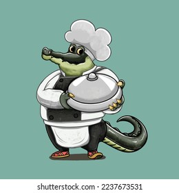Hand drawn illustration, a green alligator chef, crocodile chef holding a silver restaurant tray