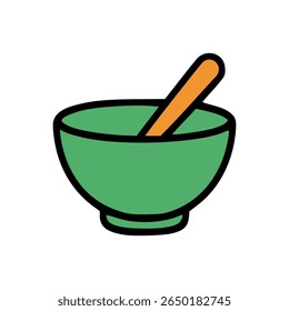 Ilustração desenhada à mão de Tigela de mistura verde com colher de laranja e contorno preto no fundo branco