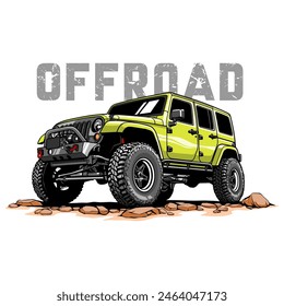 Ilustración dibujada a mano de un coche todoterreno verde con texto OFFROAD. Perfecto para su uso como logotipos, carteles, pegatinas y camisetas.