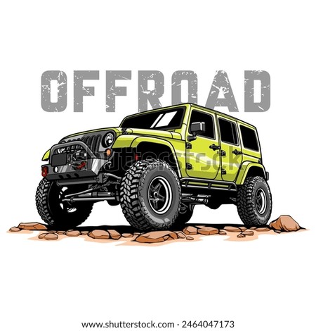 Hand drawn illustration of a green off-road car with text OFFROAD. Perfect for use as logos, posters, stickers and t-shirts.