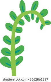 Handgezeichnete Illustration von grünem Stamm mit Blatt, wilde Pflanzendekoration, Blattornament mit Kinderzeichnung Stil