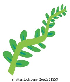 Dibujado a mano ilustración de tallo verde con hoja, decoración de plantas silvestres, adorno de follaje con estilo de dibujo de niños