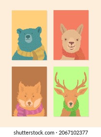Hand Drawn Illustration Greeting Card Animal Set with Scarf on Winter Theme