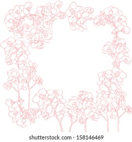 Hand drawn illustration of a greetings card frame or cover with red embroidery of orchids, romantic shabby chic motif with flowers