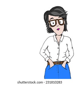 hand drawn illustration of grey haired woman wearing glasses and looking directly and thoughtfully at the viewer