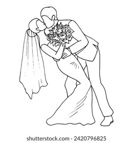 hand drawn illustration of groom kissing bride holding wedding bouquet. newlyweds kiss, the man holds his beloved in a tilted position - drawing in doodle style