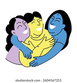 Hand drawn illustration of a group of friends hugging together