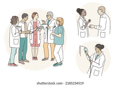 Hand drawn illustration of a group of medical staff talking to each other