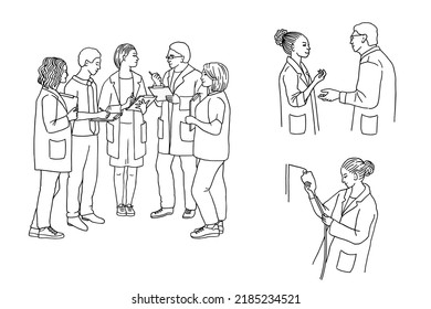 Hand drawn illustration of a group of medical staff talking to each other