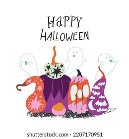 Hand drawn illustration of group of painted pumpkins, ghosts flying out of them and hand lettering inscription Happy Halloween. Holiday greeting card design, print, poster, invitation or decoration.