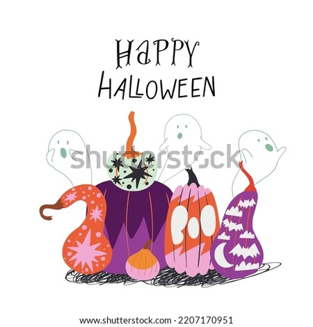 Hand drawn illustration of group of painted pumpkins, ghosts flying out of them and hand lettering inscription Happy Halloween. Holiday greeting card design, print, poster, invitation or decoration.