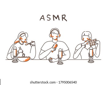 Hand drawn illustration Group of people making ASMR sounds. Blogger make video or audio webcast for social media. Blogger eating online near microphone. Woman using brush on microphone