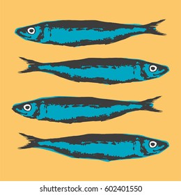 Hand Drawn Illustration a Group of sardines, Sardina pilchardus, on yellow background