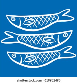 Hand Drawn Illustration a Group of sardines, Sardina pilchardus, White on Blue. 