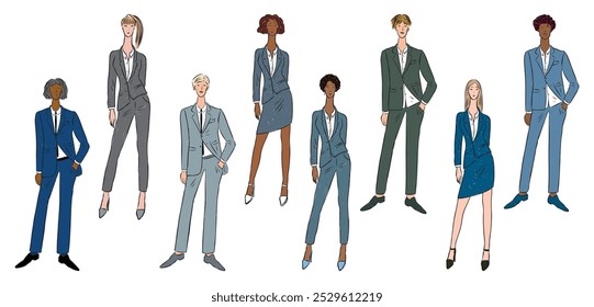 Hand drawn illustration of group of young business people in classic suits, office workers, vector drawing isolated on white