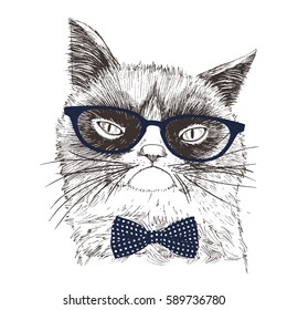 Hand drawn Illustration of Grumpy Cat with glasses and bow tie