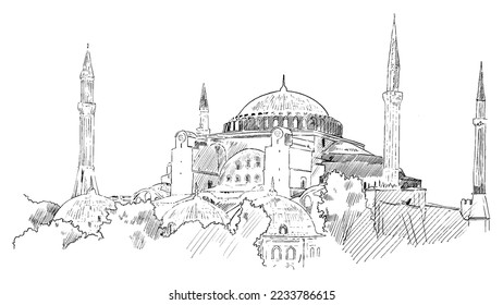 A hand drawn illustration of Hagia Sophia viewed from a beautiful angle. Charcoal drawing technique or engraving.