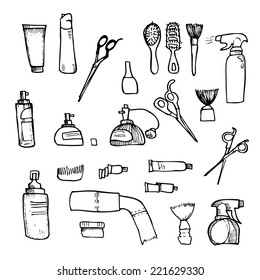  Hand drawn illustration -  Hairdressing tools (scissors, combs, styling). Vector