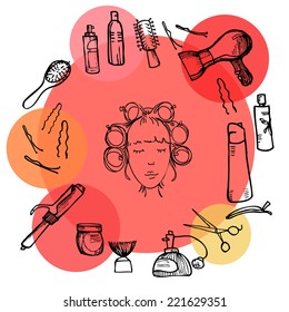  Hand drawn illustration -  Hairdressing tools (scissors, combs, styling). Vector