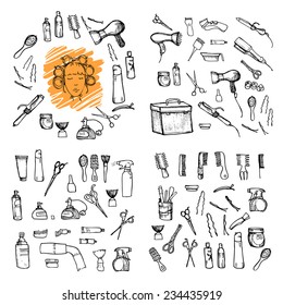 Hand drawn illustration - Hairdressing tools (scissors, combs, styling). Vector