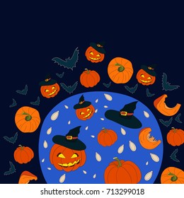Hand Drawn illustration for Halloween. All main symbols in circle shape.
