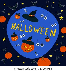 Hand Drawn illustration for Halloween. All main symbols in circle shape.