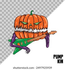 Ilustración dibujada a mano de la calabaza de Halloween tocando la guitarra. Calabaza Jack O Lantern para eventos musicales y eventos de halloween. Vector