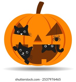 Hand drawn illustration of Halloween pumpkin with cute black cats and spider with shadow on white background