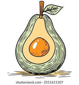 A Hand Drawn Illustration of a Halved Avocado with a Seed and Green Leaves