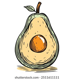 A Hand Drawn Illustration of a Halved Avocado with a Seed and Green Leaves