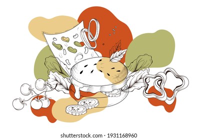 Hand drawn illustration of hamburger or cheeseburger with slice of cheese and vegetables, engraving style vector isolated on white background. Fast food cafe menu cover with burger.