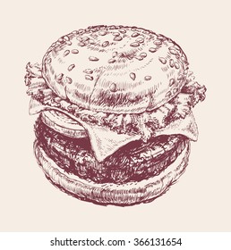 Hand Drawn Illustration of Hamburger, Cheeseburger, Burger