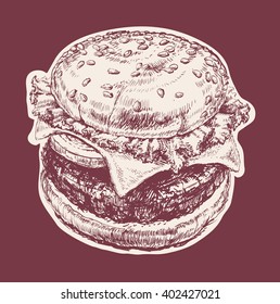 Hand Drawn Illustration of Hamburger, Cheeseburger, Burger