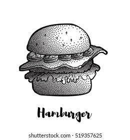 Hand Drawn Illustration of Hamburger, Cheeseburger, Burger. Dotted effect