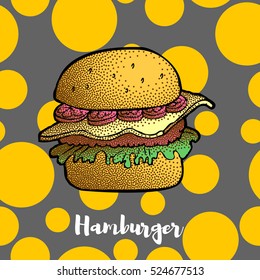 Hand Drawn Illustration of Hamburger, Cheeseburger, Burger. Dotted effect. Vector