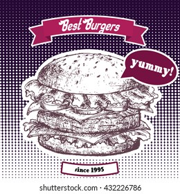 Hand drawn illustration of a hamburger. Design cafe and restaurant menu in line art style with engraved elements. Sketch isolated on halftone background in pop art retro style