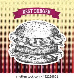 Hand drawn illustration of a hamburger. Design cafe and restaurant menu in line art style with engraved elements. Sketch isolated on halftone background in pop art retro style