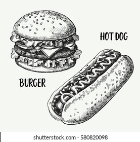 Hand drawn illustration of hamburger and hotdog.Set fast food.