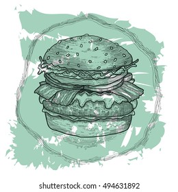 Hand drawn illustration of hamburger. ink doodles. sketch of tasty burger. design for logo, delivery site cafe and other.